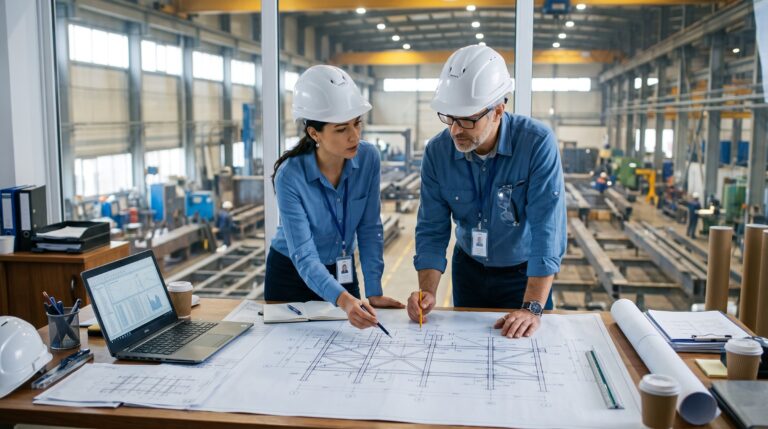Инженери преглеждат чертеж на метална конструкция